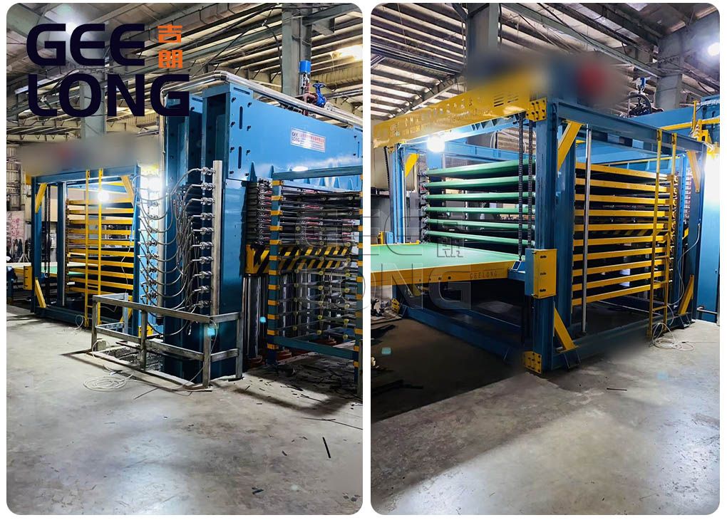 Máquina de prensagem a quente semiautomática para compensado com revestimento de filme instalada no Vietnã Máquina de prensagem a quente semiautomática para compensado com revestimento de filme instalada no Vietnã